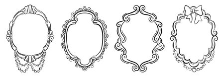 Hand Drawn Frames in Retro Antique Victorian style. Luxurious, Feminine Accessory, Jewelry, Frames with Decorative edges. Vintage coquette elements for greeting cards, wedding, invitations. Vector illustration isolatedのイラスト素材