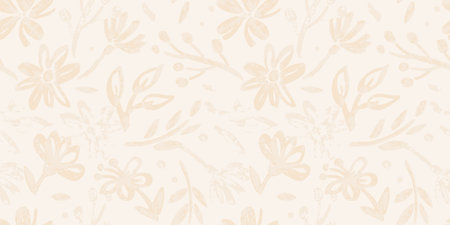 Beige Seamless Pattern with hand-drawn crayon daisy flowers and plants, organic shapes, Ink rough...
