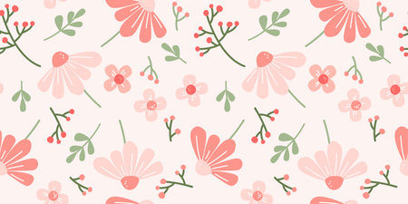 Daisy coral pink field flowers. Abstract floral  pattern. Chamomiles, wildflowers. Spring, Summer Repeated pattern for prints, background, surface textures, textile, fabrics. Endless Vector illustrationのイラスト素材