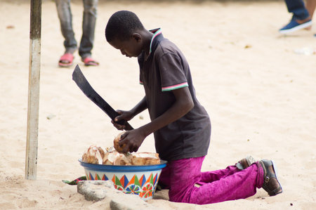 Abidjan, Ivory coast-august 29.2015: a young boy, machete in hand size was drowning coconut to sell it to a custumerのeditorial素材