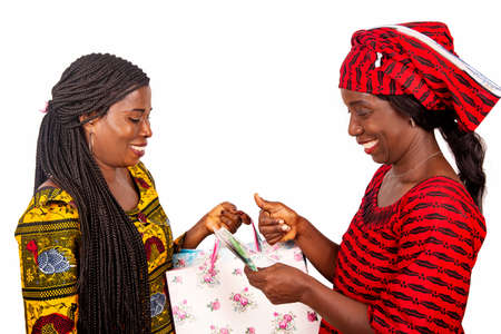 two beautiful businesswomen standing in traditional dress on white background looking at banknotes smiling after shopping.の写真素材