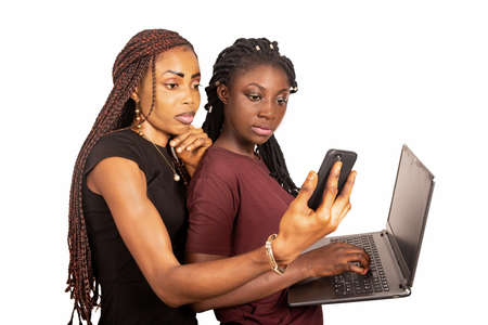 two beautiful students standing on white background looking at cell phone.の写真素材