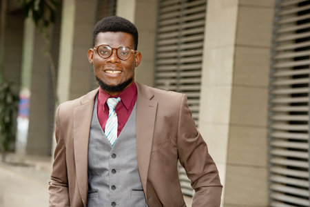 young businessman dressed in jacket and standing in the street near the business center looking at...