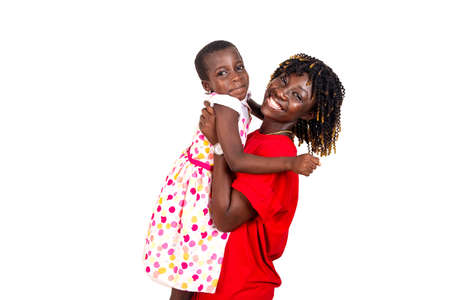 mother carry her daughter on white background.の写真素材