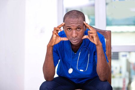 young serious doctor man in blue uniform and stethoscope making gesture with fingers on face.