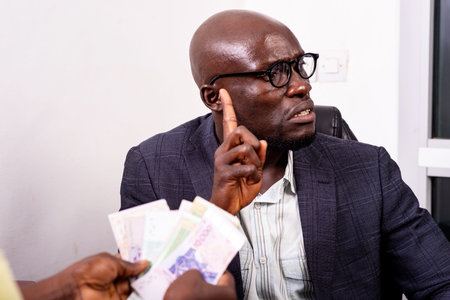 portrait of areal estate agent refusing a client's banknotes. fight against corruption.