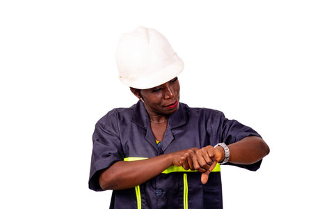 portrait of a beautiful female engineer or worker wearing a white helmet and work uniform looking at...
