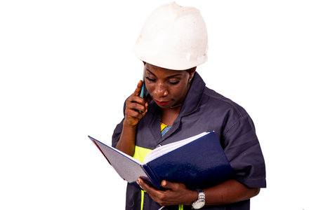 portrait of a beautiful female engineer wearing work uniform and white hard hat talking on phone and...