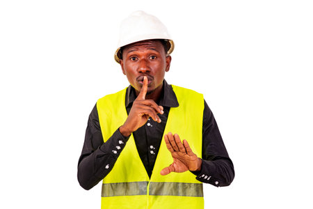 Young man engineer wearing green vest and white safety helmet while making silence gesture with...