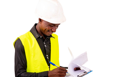 young man inspector architect wearing green vest and safety helmet writing in clipboard.