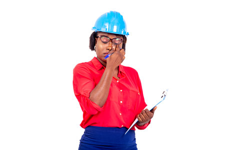 beautiful female engineer wearing blue safety helmet, holding clipboard and cleaning her eyes with...