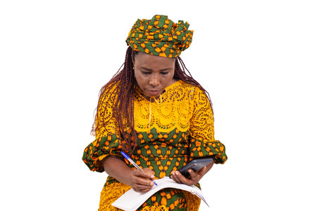 a beautiful mature woman in traditional dress sitting on a white background working using a mobile phone.の写真素材