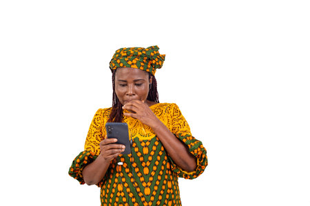 a mature woman in traditional clothes standing on a white background making a video call using a mobile phone, smiling.の写真素材