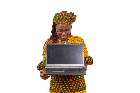 a beautiful mature woman in glasses standing on white background holding laptop smiling.の写真素材