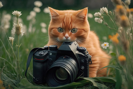 A cat sitting in a field with a camera created with Generative AI technologyの素材