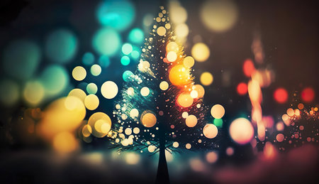 A blurry photo of a lit christmas tree created with Generative AI technologyの素材