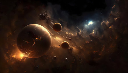 A space scene with planets and stars in the background created with Generative AI technologyの素材