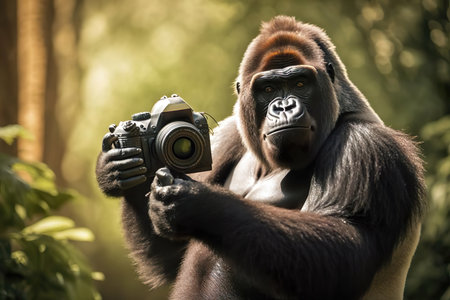A gorilla is holding a camera and taking a picture created with Generative AI technologyの素材