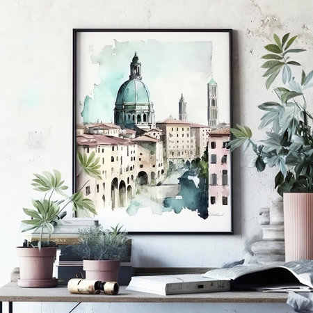 A painting on a wall above a table created with Generative AI technologyの素材