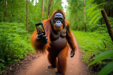 An oranguel holding a cell phone in a forest created with Generative AI technologyの素材