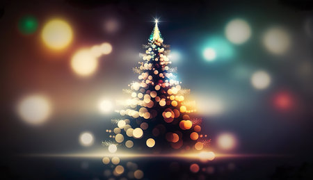 A brightly lit christmas tree on a black background created with Generative AI technologyの素材