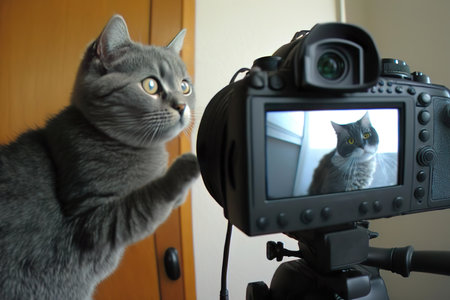 A cat is standing in front of a camera created with Generative AI technologyの素材
