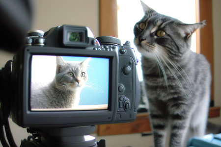 A cat that is standing next to a camera created with Generative AI technologyの素材