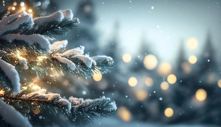 A christmas tree with lights in the snow created with Generative AI technologyの素材