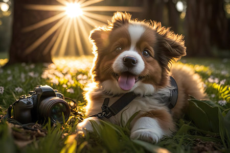 A brown and white dog laying on top of a lush green field created with Generative AI technologyの素材