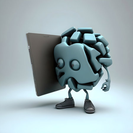 A cartoon character holding a laptop computer created with Generative AI technologyの素材