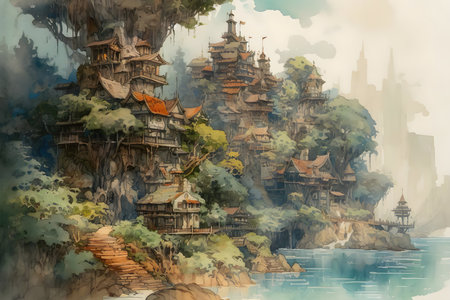 A painting of a fantasy village by the water created with Generative AI technologyの素材
