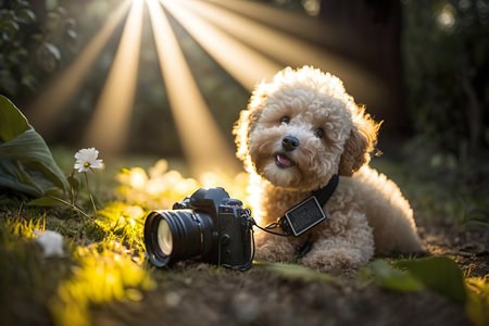 A dog sitting in the grass with a camera created with Generative AI technologyの素材