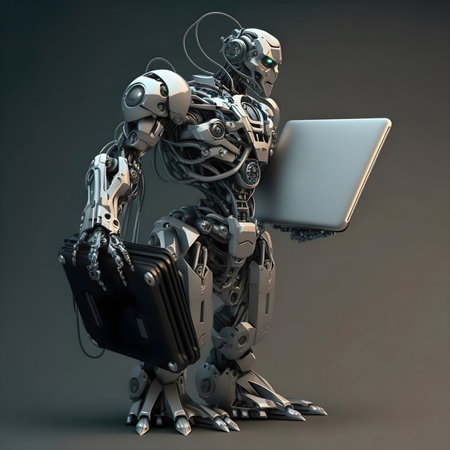 A robot is using a laptop computer created with Generative AI technologyの素材