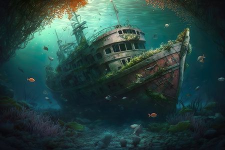 A painting of a ship in the ocean created with Generative AI technologyの素材