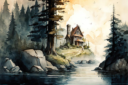A painting of a house in the woods created with Generative AI technologyの素材