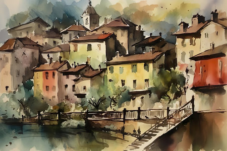 A watercolor painting of a village with a bridge created with Generative AI technologyの素材