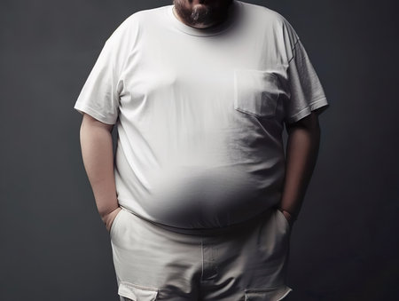 A fat man in a white t - shirt poses for a picture created with Generative AI technologyの素材