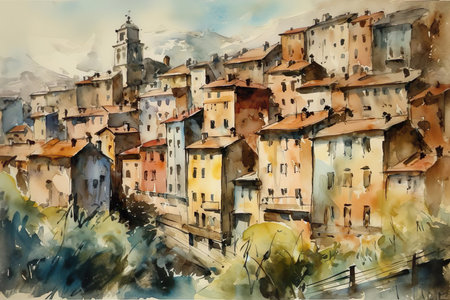 A painting of a village with a bridge and mountains in the background created with Generative AI technologyの素材