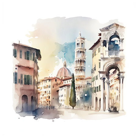 A watercolor painting of buildings in a city created with Generative AI technologyの素材