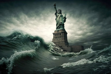 A statue of liberty surrounded by waves in the ocean created with Generative AI technologyの素材