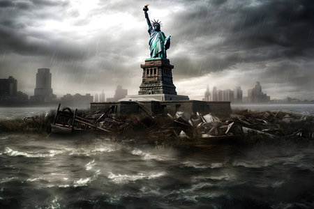 A statue of liberty stands in the middle of a body of water created with Generative AI technologyの素材