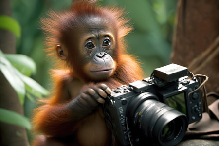 A babby orangutan holding a digital camera created with Generative AI technologyの素材