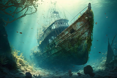 An old ship in the middle of the ocean created with Generative AI technologyの素材