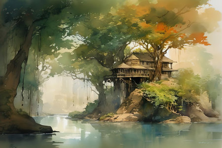 A painting of a tree house on a small island created with Generative AI technologyの素材