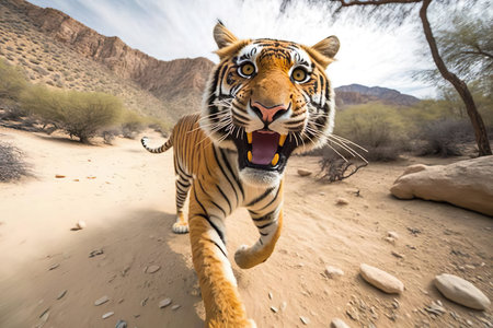A tiger walking across a desert covered with rocks created with Generative AI technologyの素材