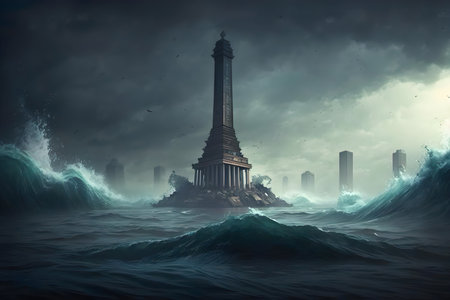 A lighthouse in the middle of a large body of water created with Generative AI technologyの素材