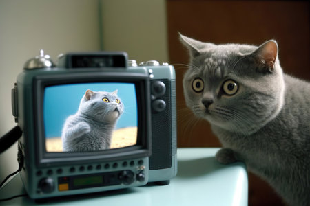 A cat is looking at a television with a picture of a cat on it created with Generative AI technologyの素材