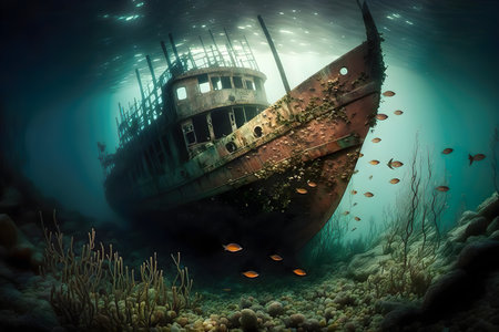 A ship in the ocean with a lot of fish around it created with Generative AI technologyの素材