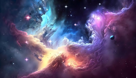 A colorful space filled with stars and clouds created with Generative AI technologyの素材