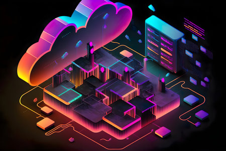 An abstract illustration of a cloud over a city created with Generative AI technologyの素材